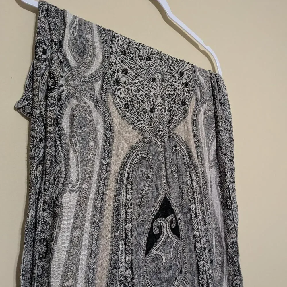 Boho Gray And Black Whimsygoth Paisley Print Pashmina With Fringe